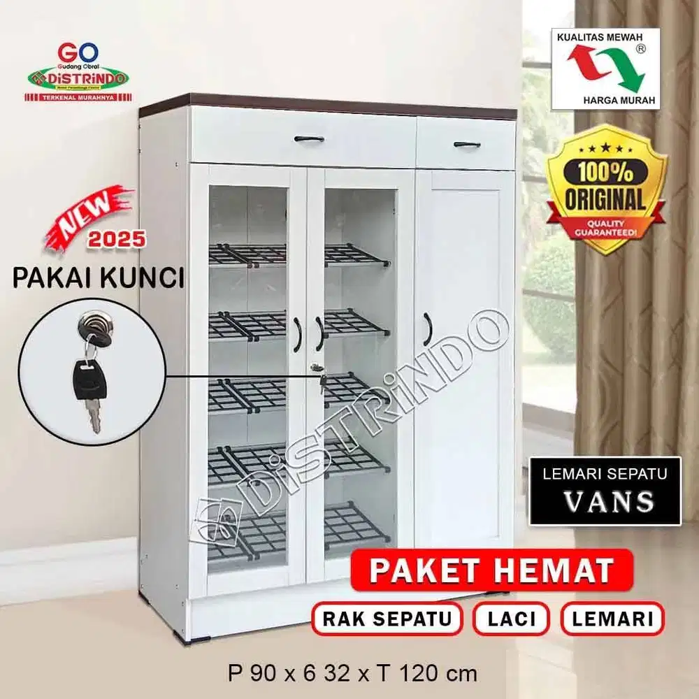 DISTRINDO Paket Hemat Rak Sepatu dengan Lemari Serbaguna + 2Laci