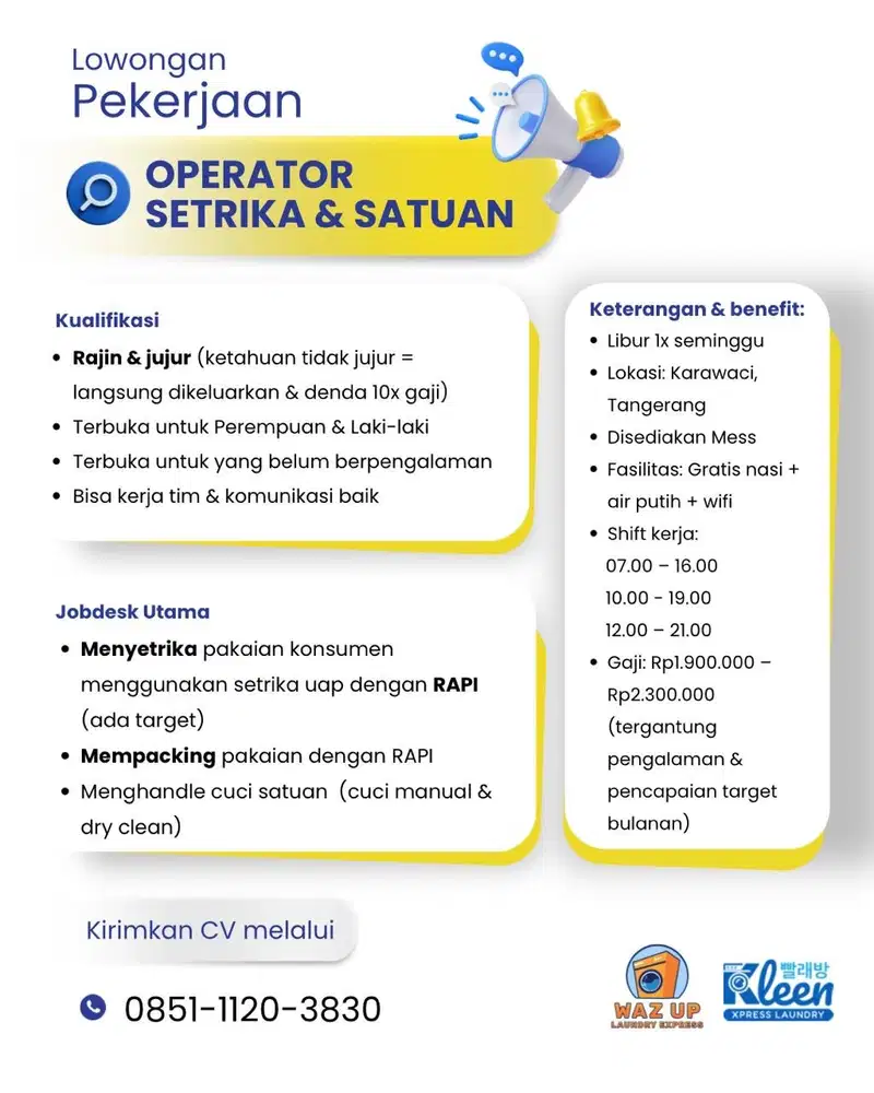 LOWONGAN SETRIKA & SATUAN LAUNDRY TANGERANG