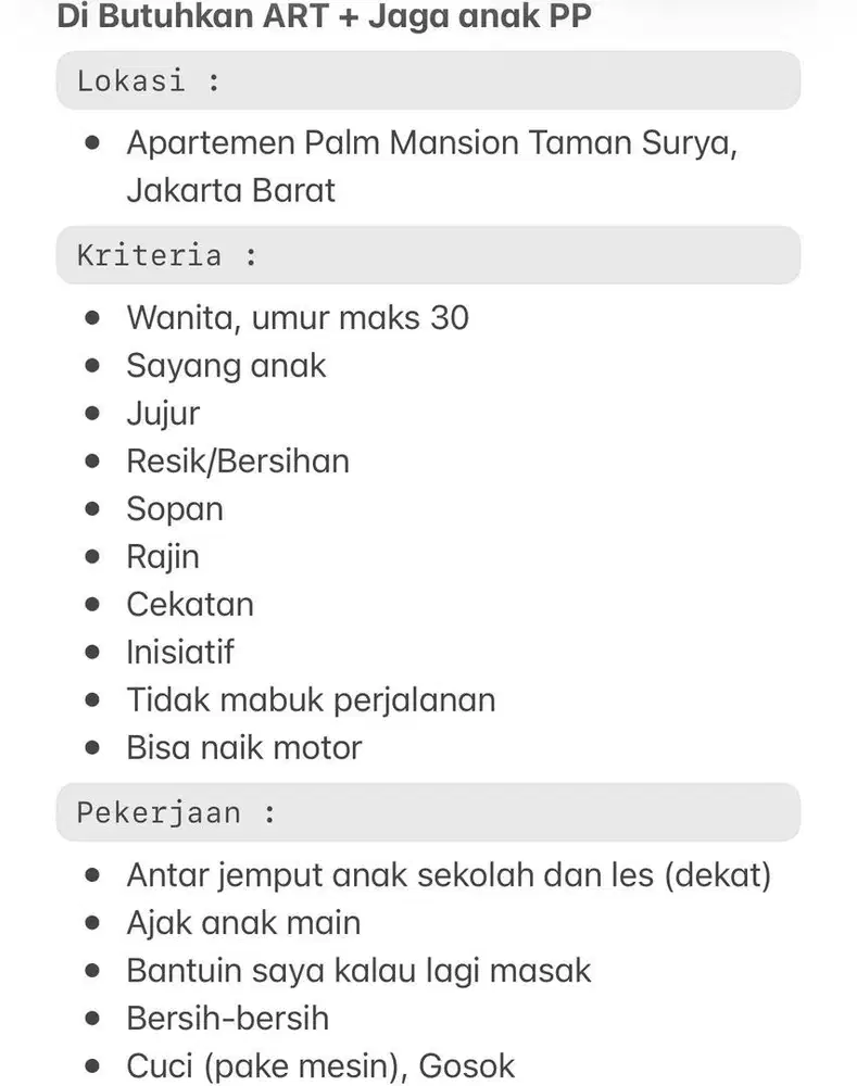 Dibutuhkan ART + Jaga anak PP