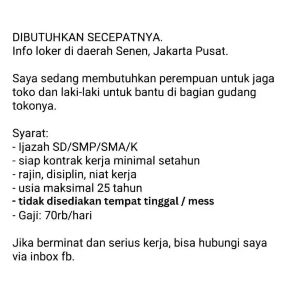 Wanita sebagai Pelayan Toko dan Laki-laki untuk dibagian Gudang