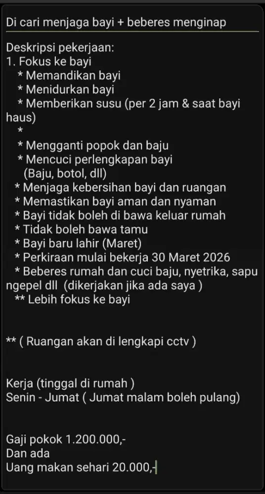 Di cari penjaga bayi + beberes rumah