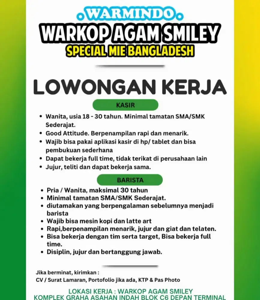 Warkop aceh membutuhkan tenaga kerja kasir dan barista