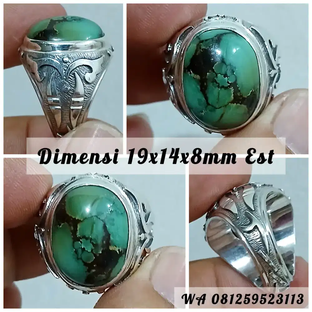 Natural Turquoise Batu Pirus Motif Gambar Ikat Perak Tebal HandMade