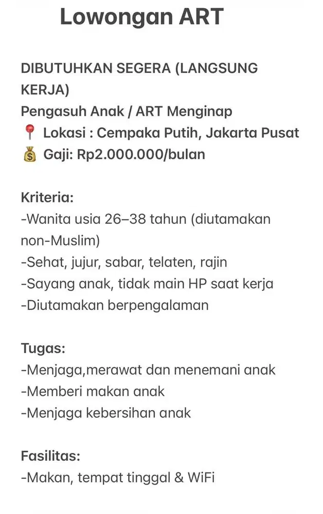 Pengasuh Anak/ART Menginap