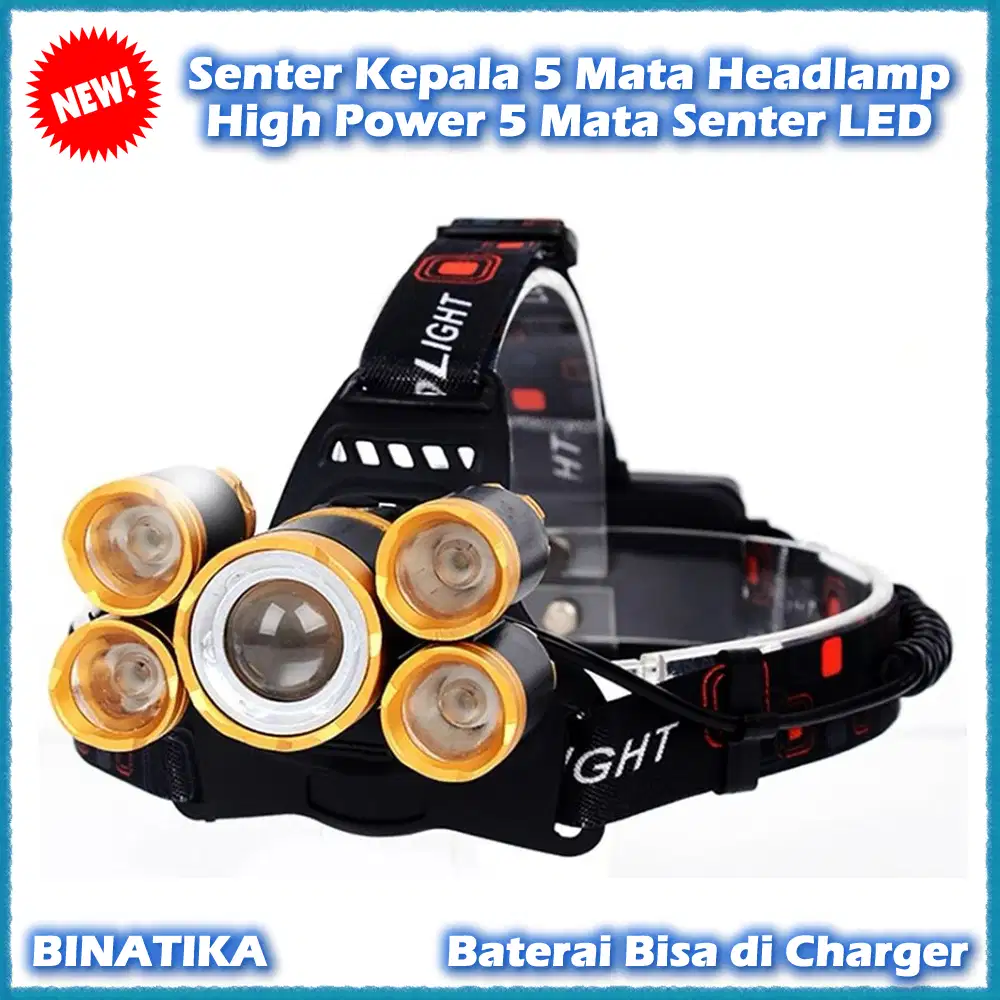 Senter Kepala 5 Mata Rechargeable Headlamp High Power 5Mata Senter LED