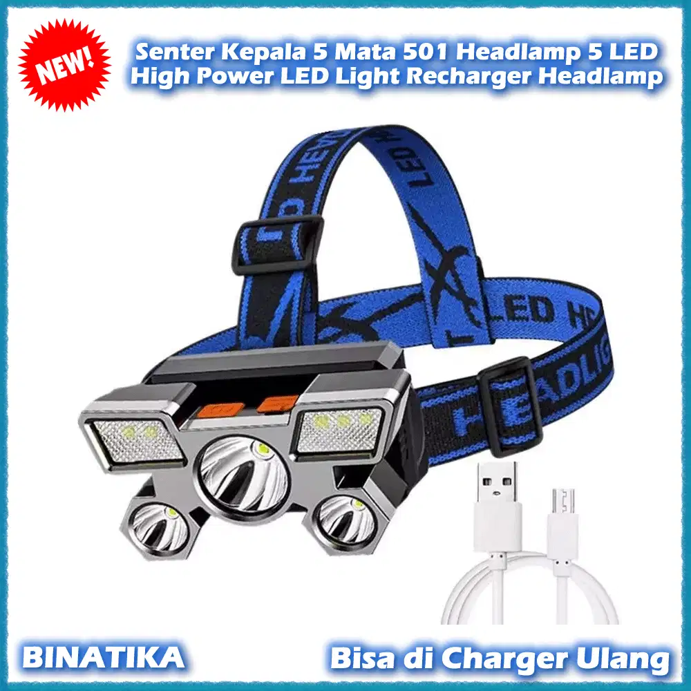 Senter Kepala 5 Mata 501 Headlamp 5 LED High Power LED Light Recharger