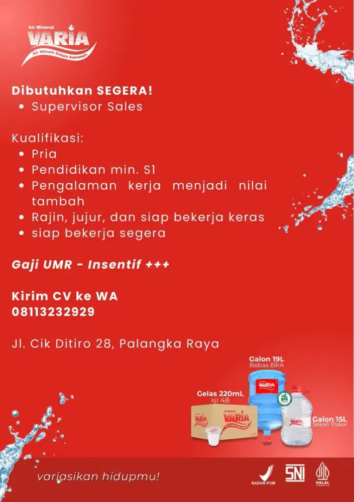 SUPERVISOR SALES AIR MINERAL GAJI UMR INSENTIF +++