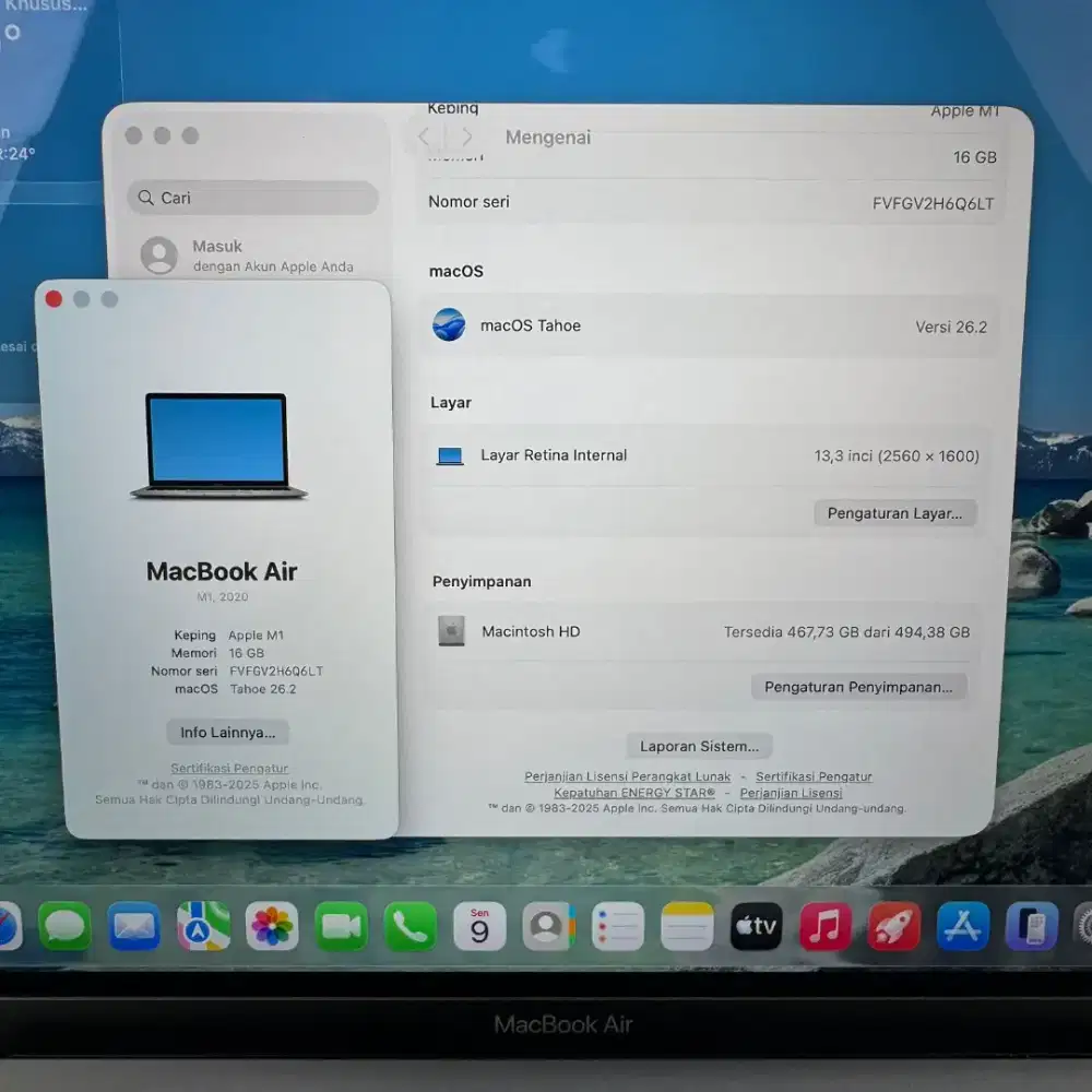 Macbook Air M1 Ram 16 Ssd 512 Layar 13 inch Full set Space Grey