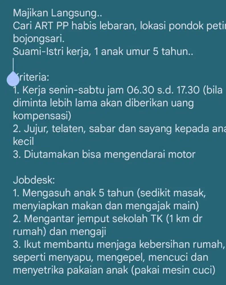 Dibutuhkan Art namun tugas utama menjaga anak