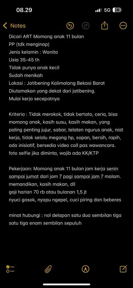 Dibutuhkan ART dan Momong anak 11 bulan PP jatibening bekasi