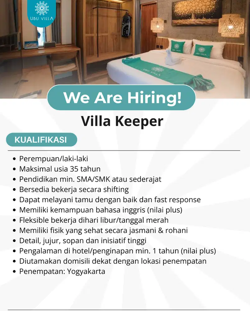 Lowongan Housekeeping (Penjaga Villa)