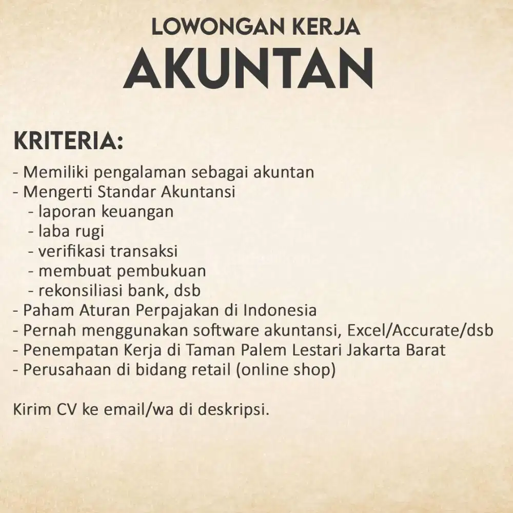 Lowongan Kerja Akuntan / Accountant / Finance