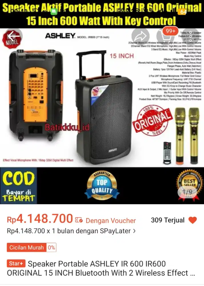 SPEAKER ASHLEY 15 INCH IR-600 [SPEAKER PORTABLE WIRELESS IR600 15in ]