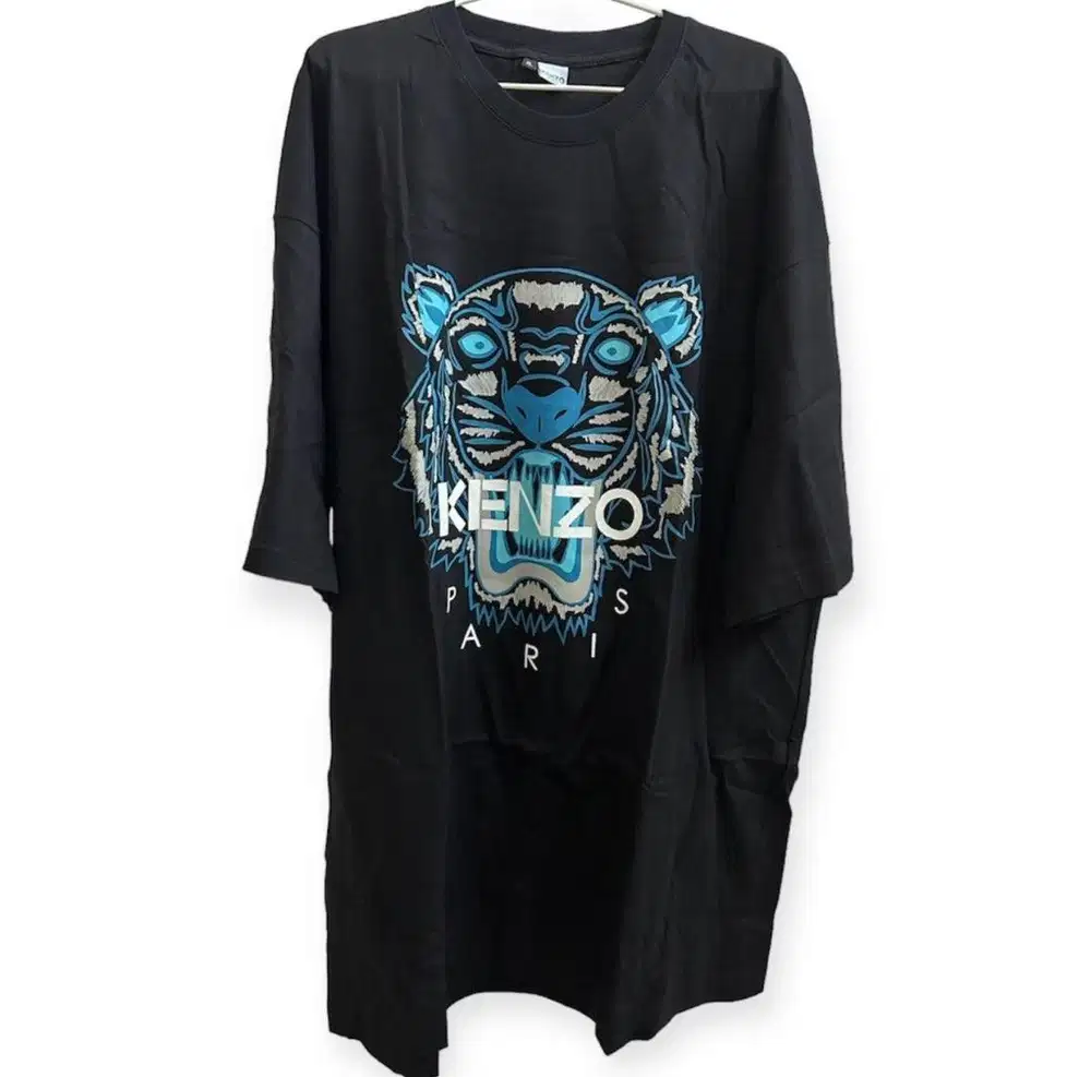 kaos tshirt oversize warna hitam size XXL print macan biru muda kenzo