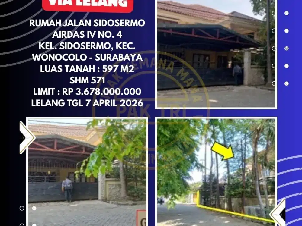 DIJUAL RUMAH VIA LELANG DI WONOCOLO SURABAYA (JALAN SIDOSERMO AIRDAS) – LELANG KPKNL