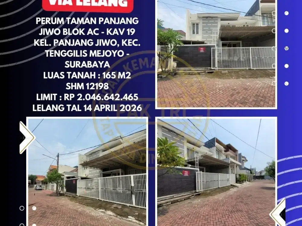 DIJUAL RUMAH VIA LELANG DI TENGGILIS MEJOYO SURABAYA (PERUM TAMAN PANJANG JIWO) – LELANG KPKNL