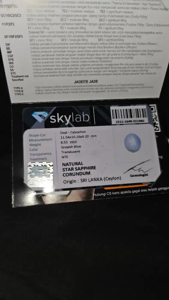 Natural Batu blue safir star 8crt + memo