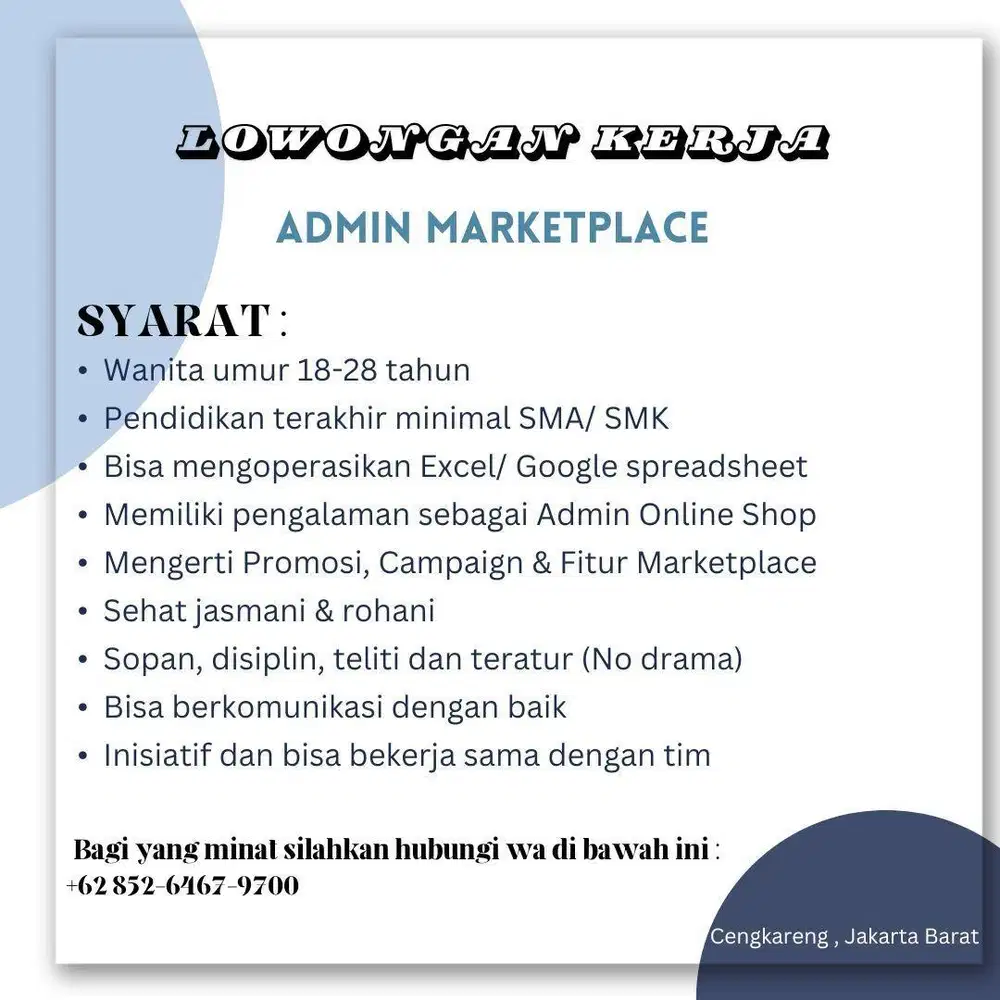 Di Butuhkan segera Admin Marketplace