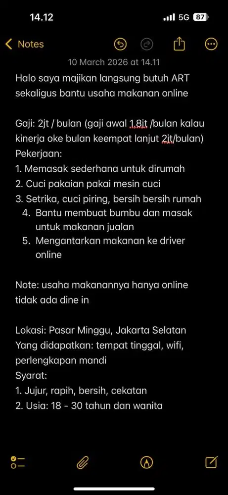 Dicari ART + bantu jualan makanan online