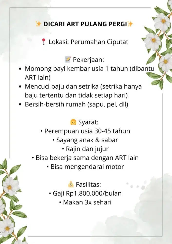 Dicari ART Pulang Pergi