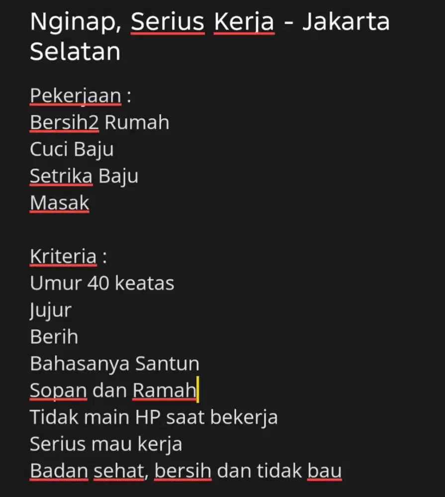 Dibutuhkan ART Serabutan, Nginap, Serius Kerja - Jakarta Selatan
