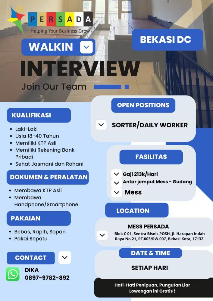 WALK INTERVIEW SORTER DAILY WORKER AREA BEKASI DC, KOSAMBI DC, CAKUNG