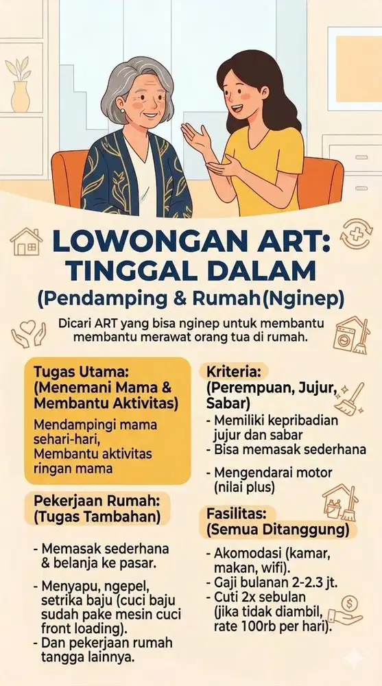 Lowongan ART Tinggal Dalam – Pendamping Orang Tua