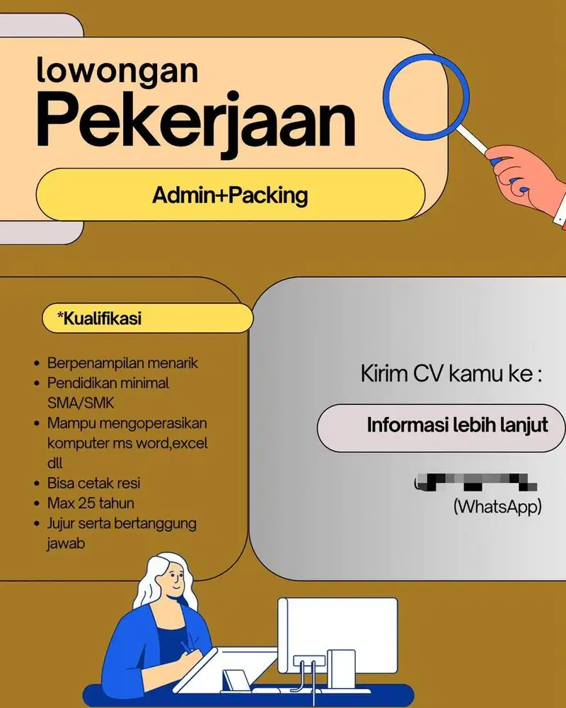 Dicari perempuan berpengalaman admin olshop+packing