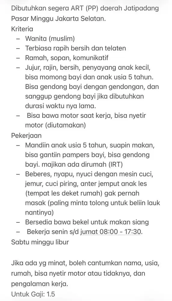 Dibutuhkan art pulang pergi pasar minggu