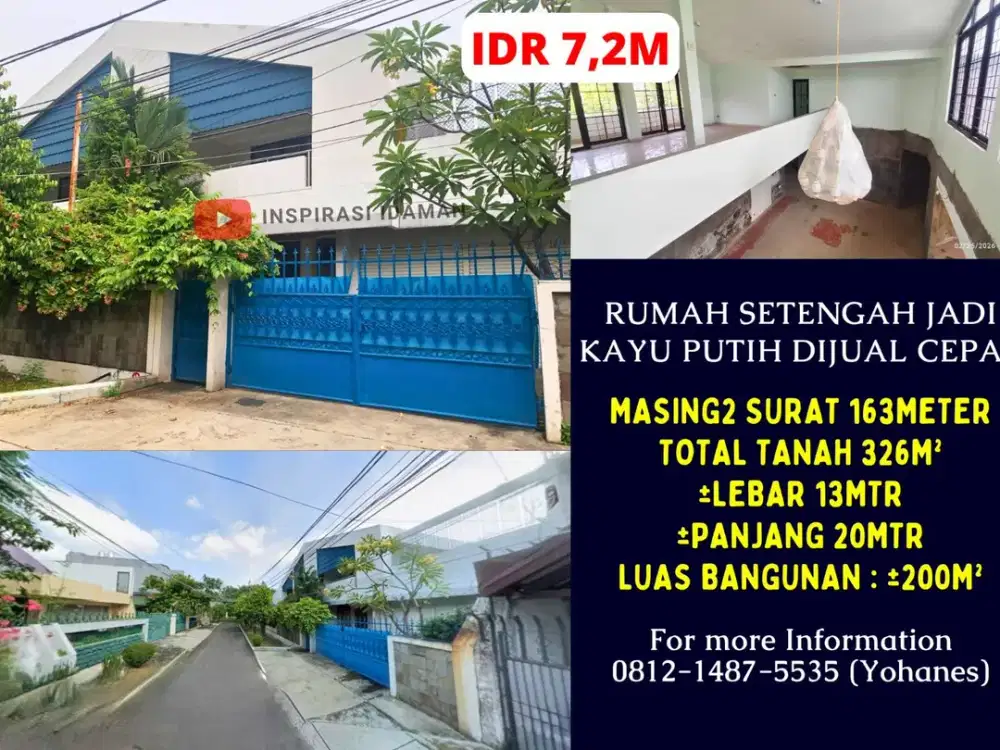 Rumah setengah jadi 326mtr Kayu Putih dijual cepat