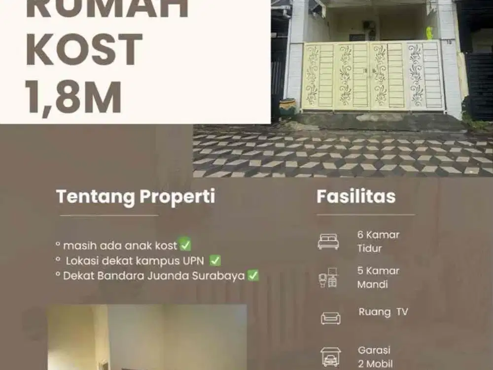 Dijual kos2  an putra  aktif 2 lantai total 6 kamar dekat kampus UPN dan bandara
