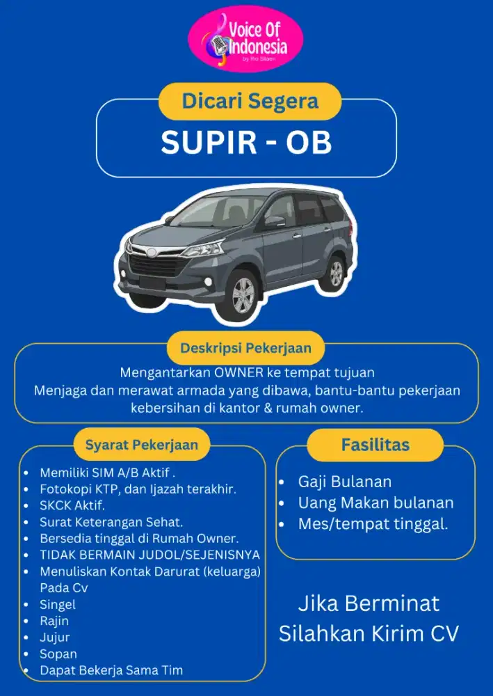 DIBUTUHKAN SEGERA SUPIR-OB