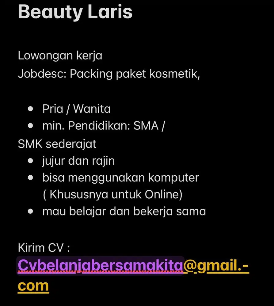Lowongan kerja Packing kosmetik