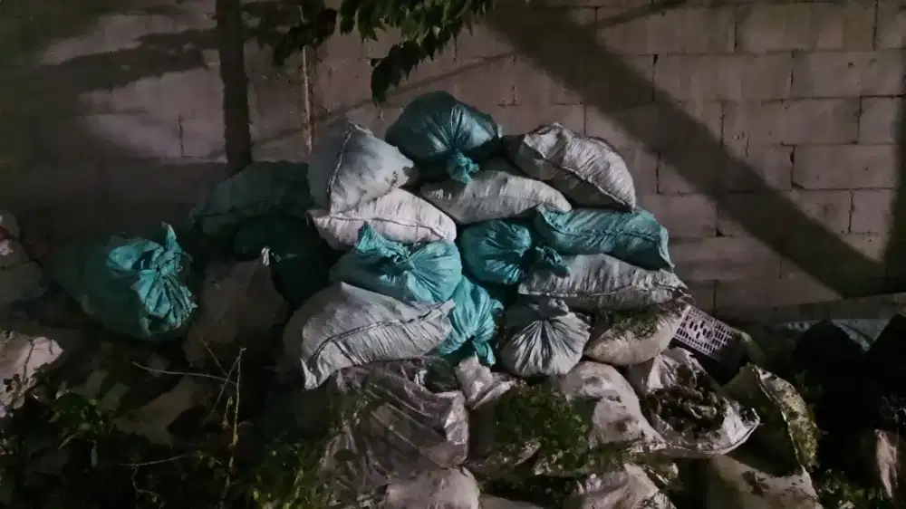 Sisa bangunan ..puing puing ( sudah di karung ) .kayu ..genteng