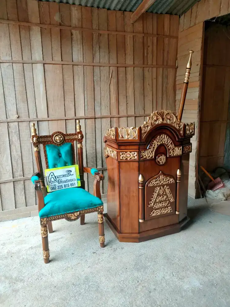Mimbar masjid podium set kursi full kayu jati