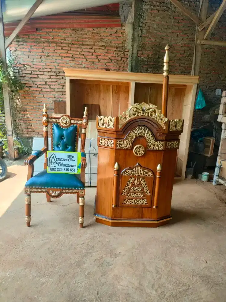 Mimbar masjid podium set kursi full kayu jati