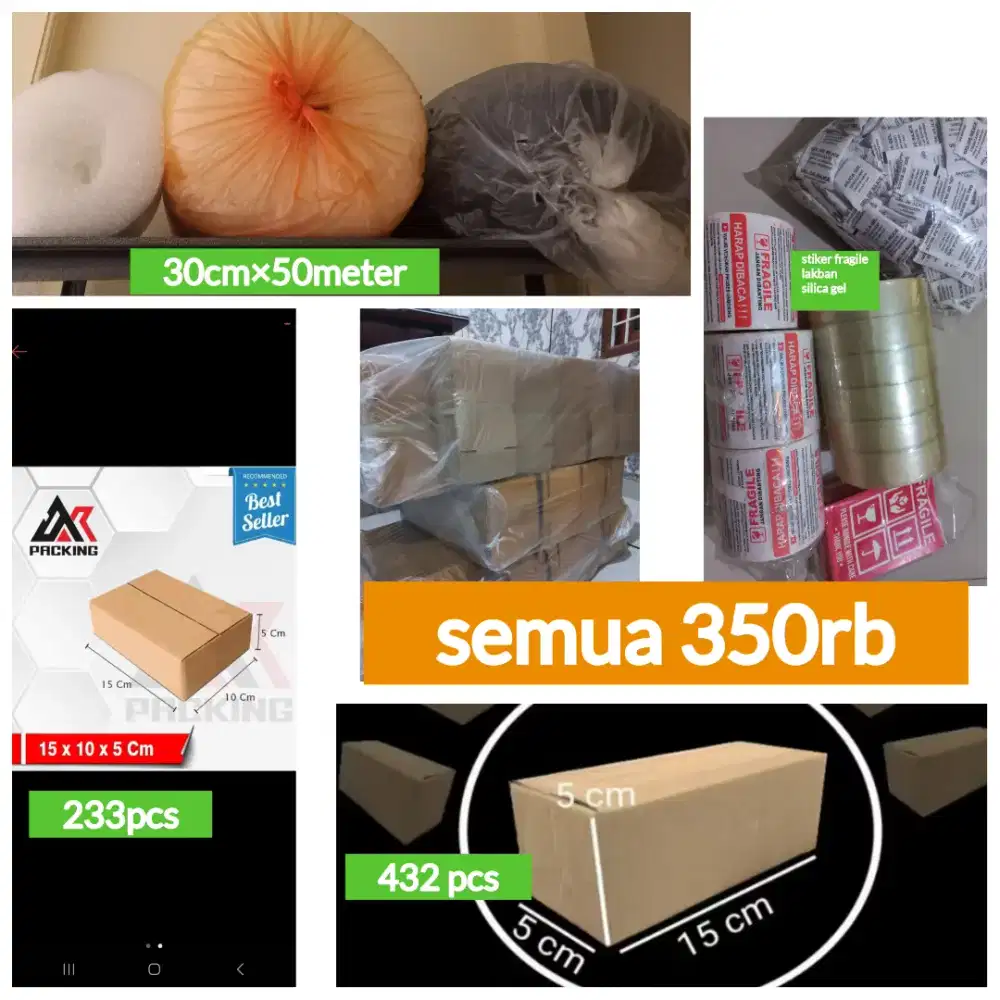 Bubble wrap, kardus packing, lakban, stiker fragile