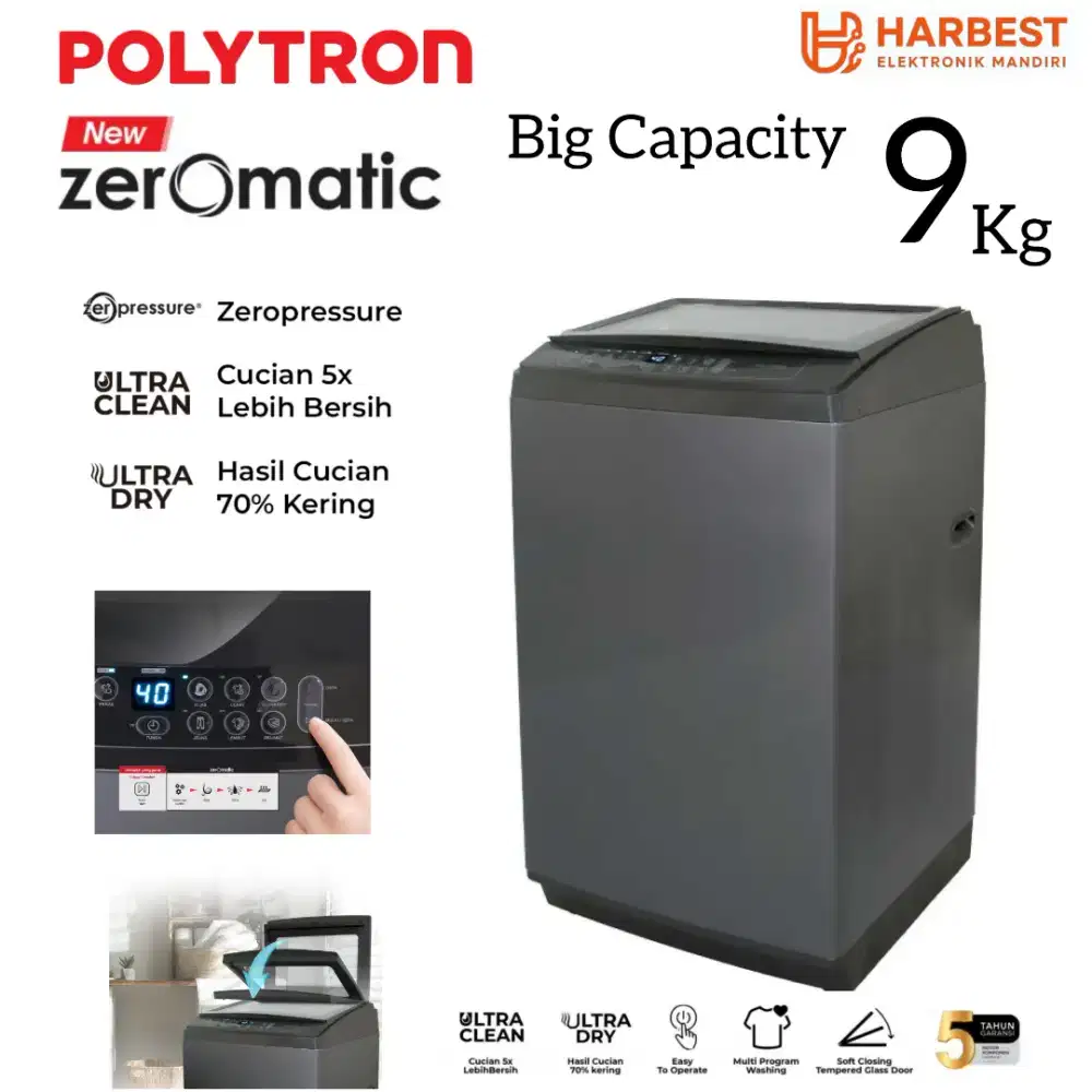 POLYTRON TOP LOADING 9 Kg Zeromatic Hijab PAW9029 ULTRA Clean & Dry