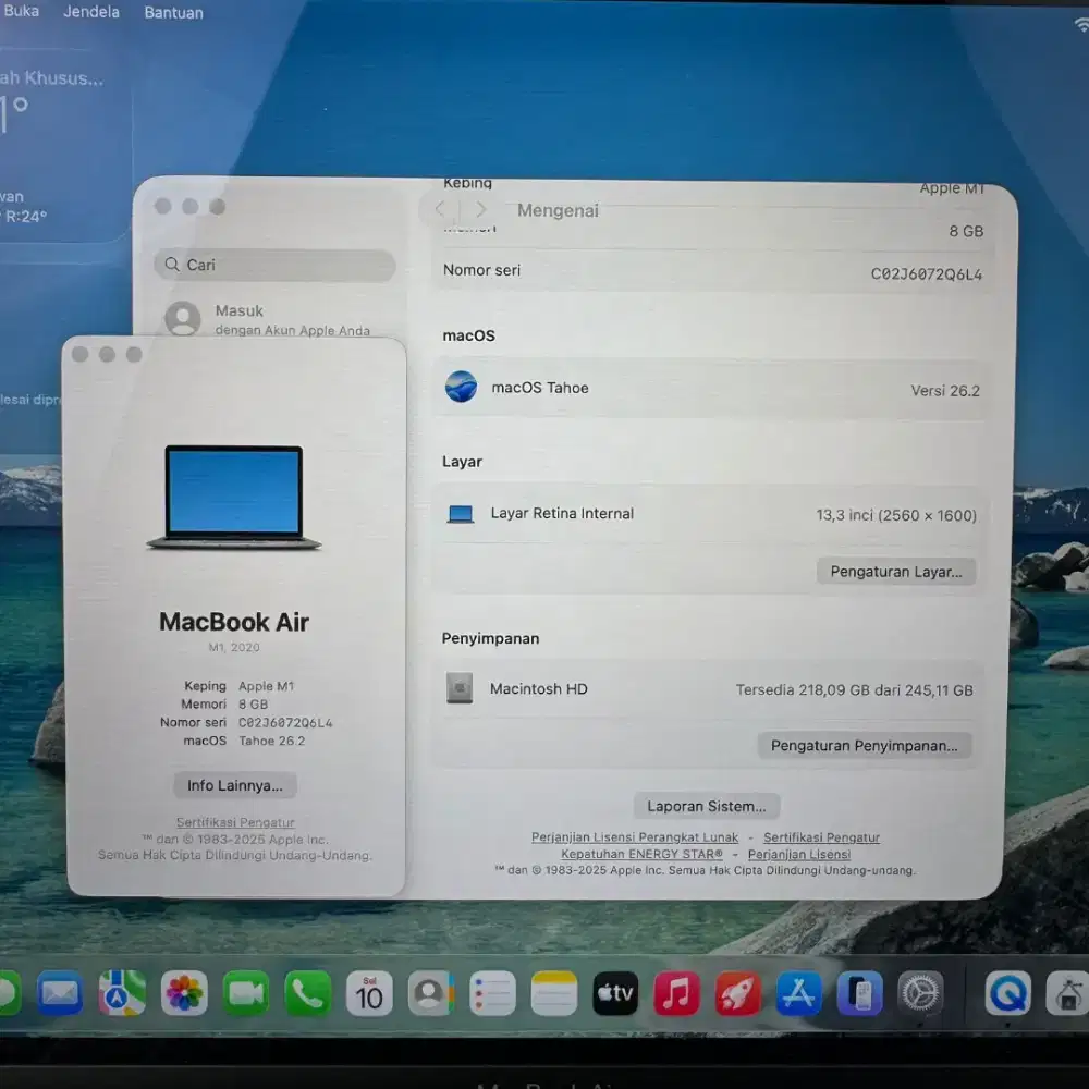 Macbook Air M1 Ram 8 Ssd 256 Layar 13 inch Full set Space Grey