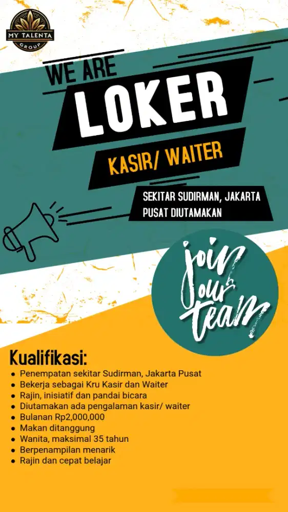 Lowongan Kasir/ waiter/ Dapur/ Konten kreator