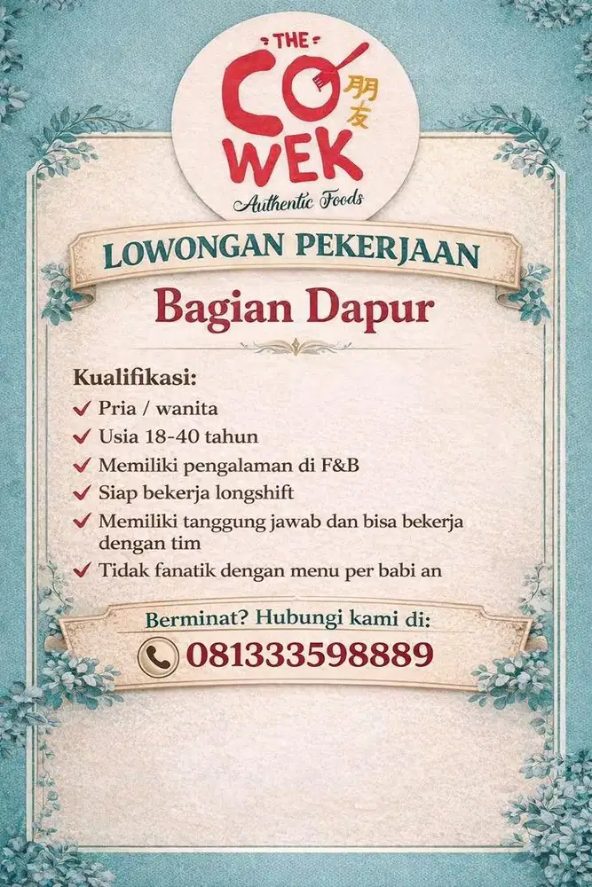 Lowongan bag waitress dan staff dapur