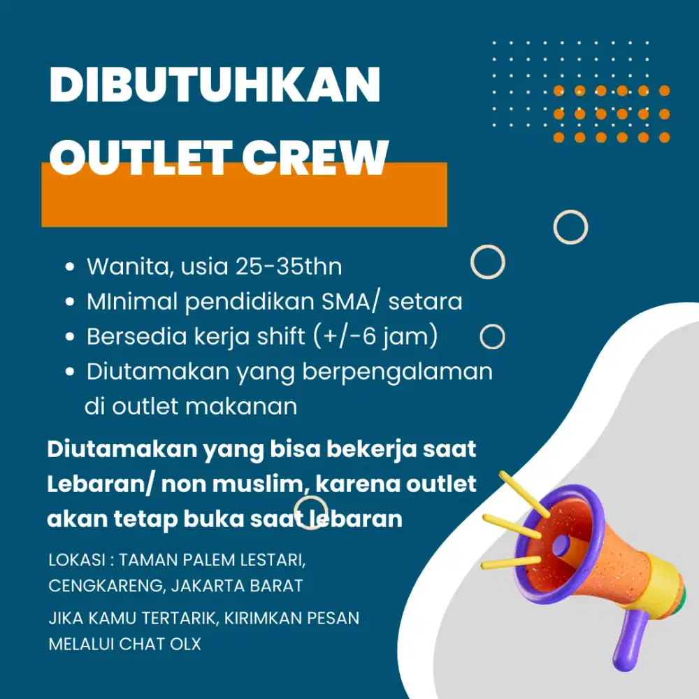 Dicari Outlet Crew untuk kedai makanan