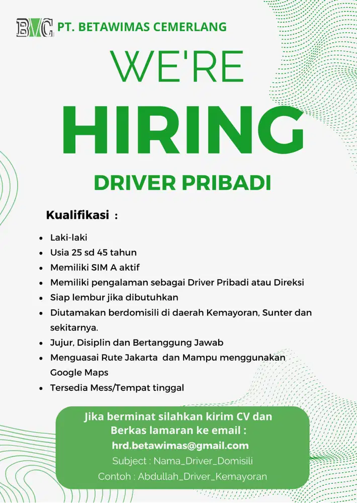 DRIVER PRIBADI AREA SUNTER DAN SEKITARNYA