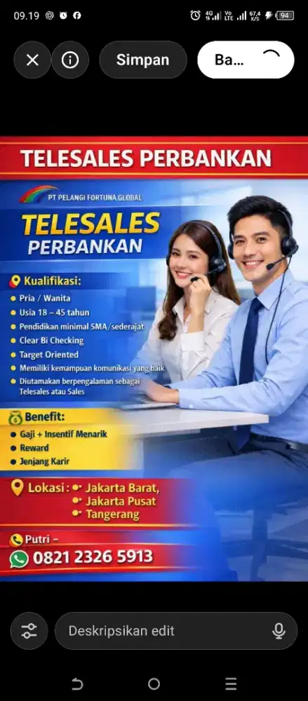 Butuh banget tenaga telemarketing perbankan