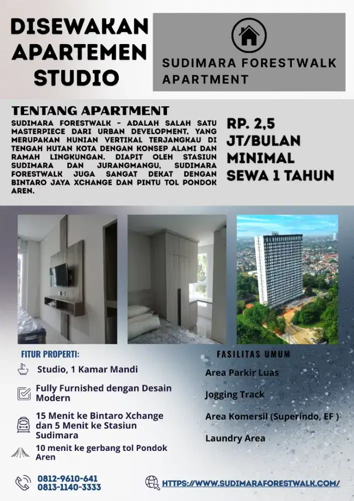 DISEWAKAN APARTEMEN STUDIO SUDIMARA FORESTWALK TIPE STUDIO