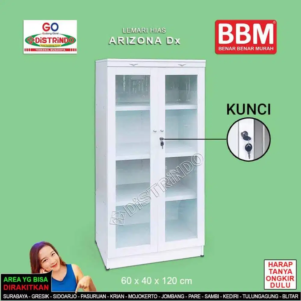 Distrindo - Lemari Hias/Rak buku multifungsi Full white 2 pintu kaca