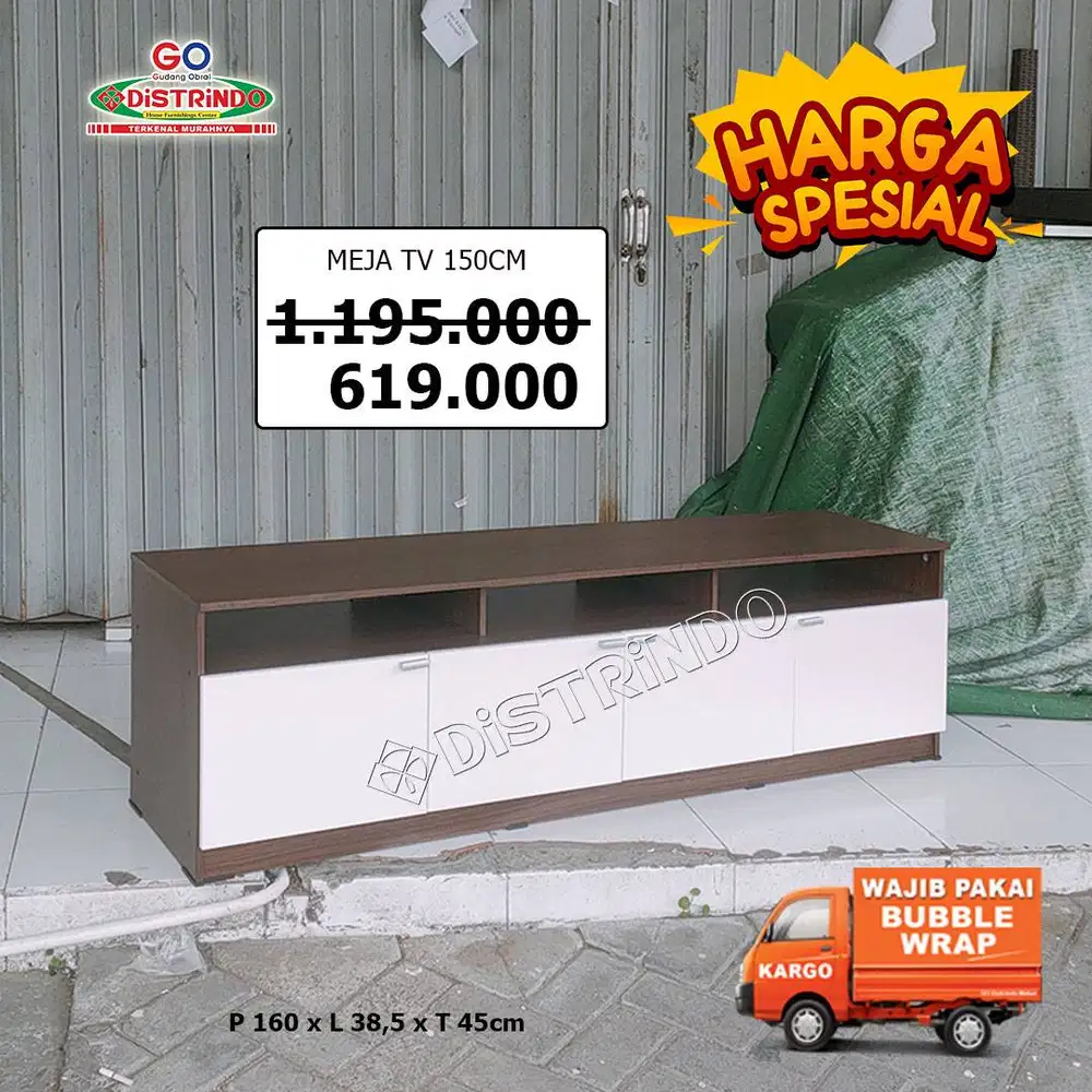 DISTRINDO Meja TV 150cm Bisa Untuk TV 55inc di Lengkapi Lemari + Rak