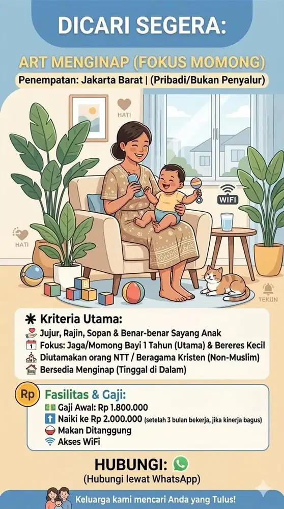 Dicari ART Menginap Momong Anak 1 Tahun