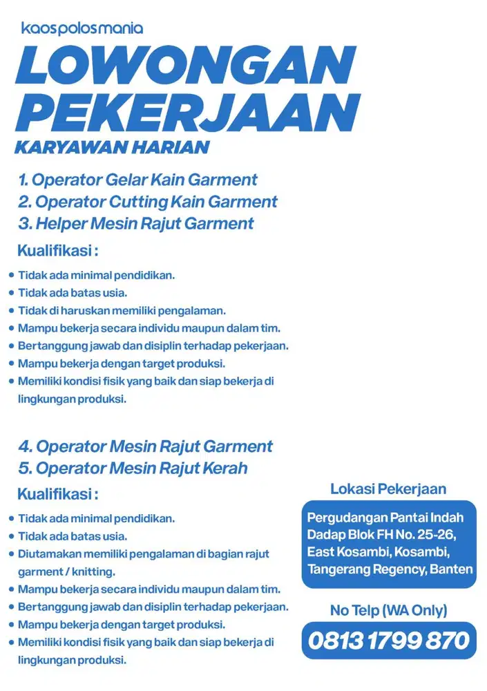 Lowongan Karyawan Harian Operator Gelar