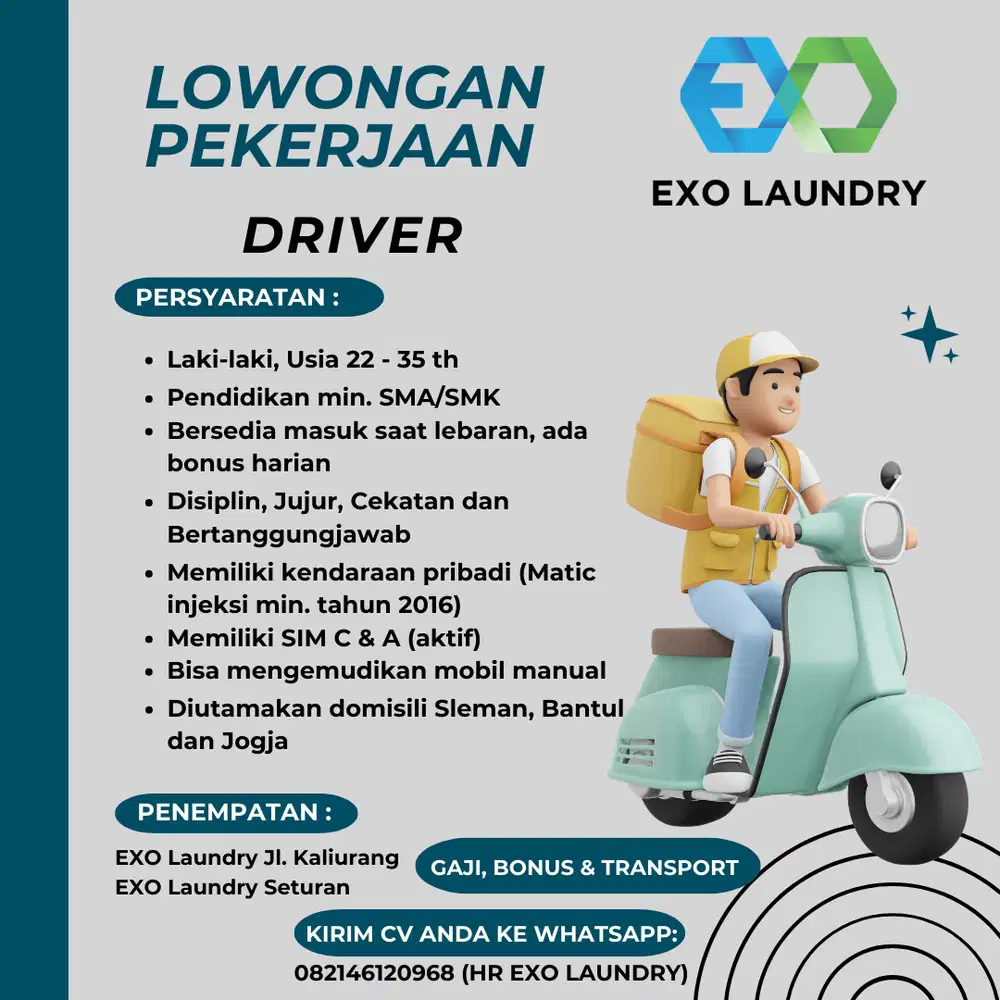 DIBUTUHKAN SEGERA DRIVER LAUNDRY CASUAL LEBARAN